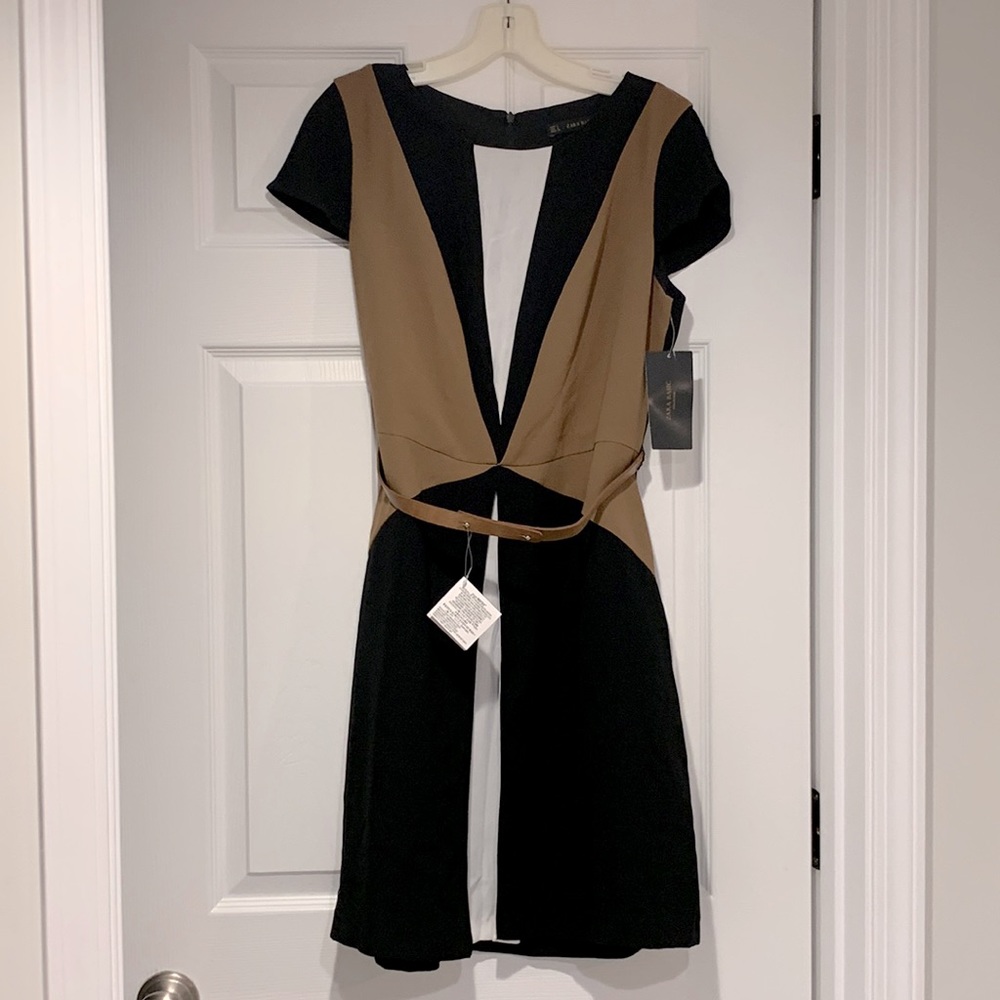 Zara Black and Tan Colorblock Belted Dress
